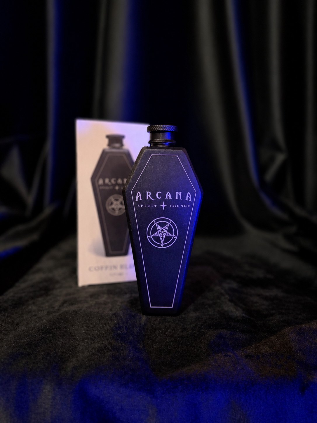 Arcana Coffin Flask — coffin-shaped pocket flask with pentagram detail
